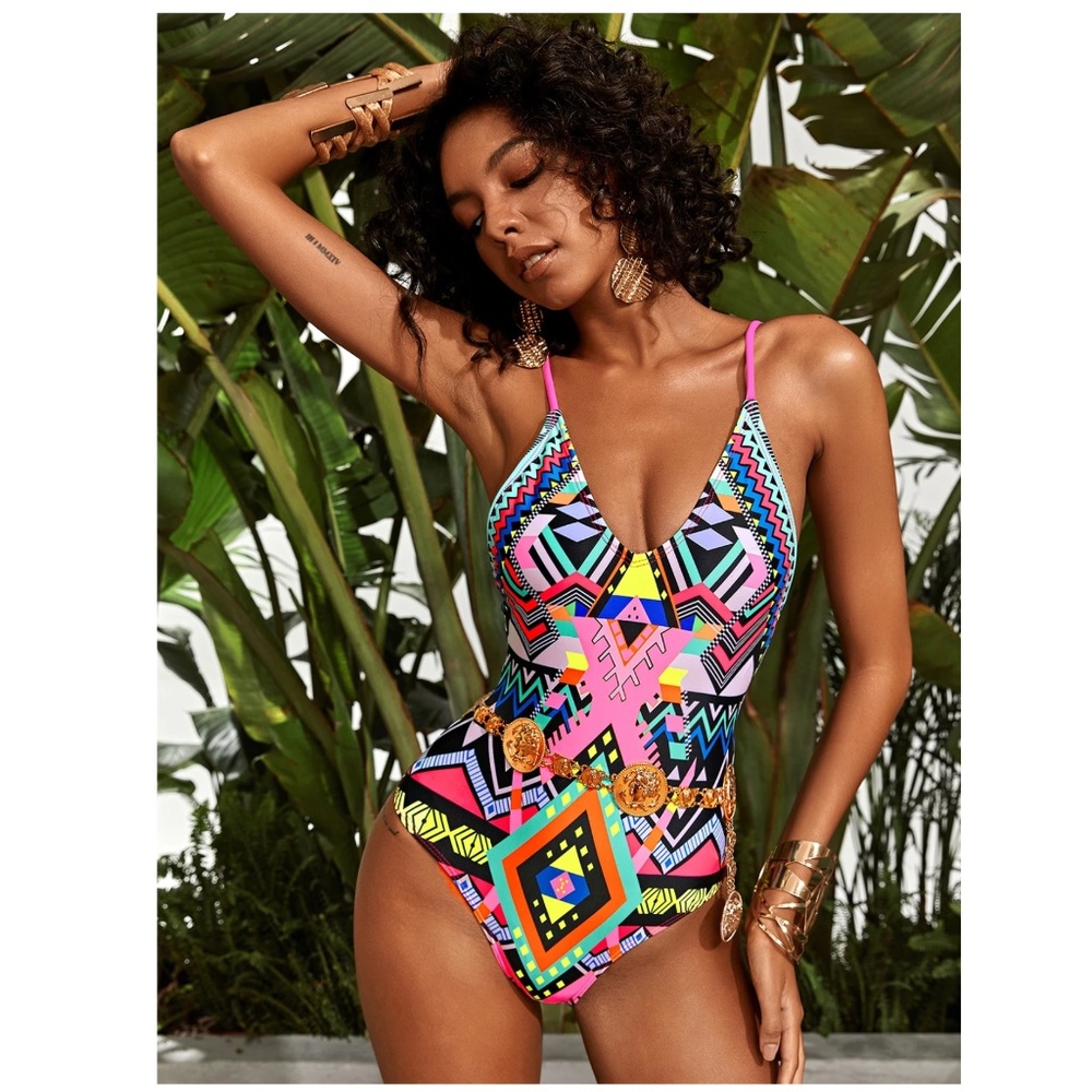 Aztec Geometric Print One Piece Swimsuit, For Summer Beach Vacation, Size XL